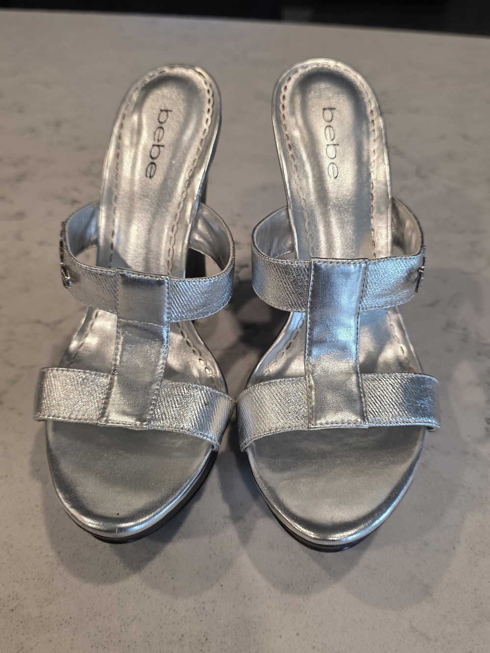 bebe Silver Metallic Wedge Sandals - Picture 3 of 5
